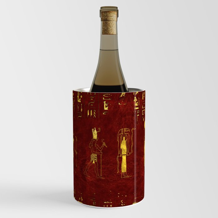 Golden Egyptian Gods and hieroglyphics on red leather Wine Chiller