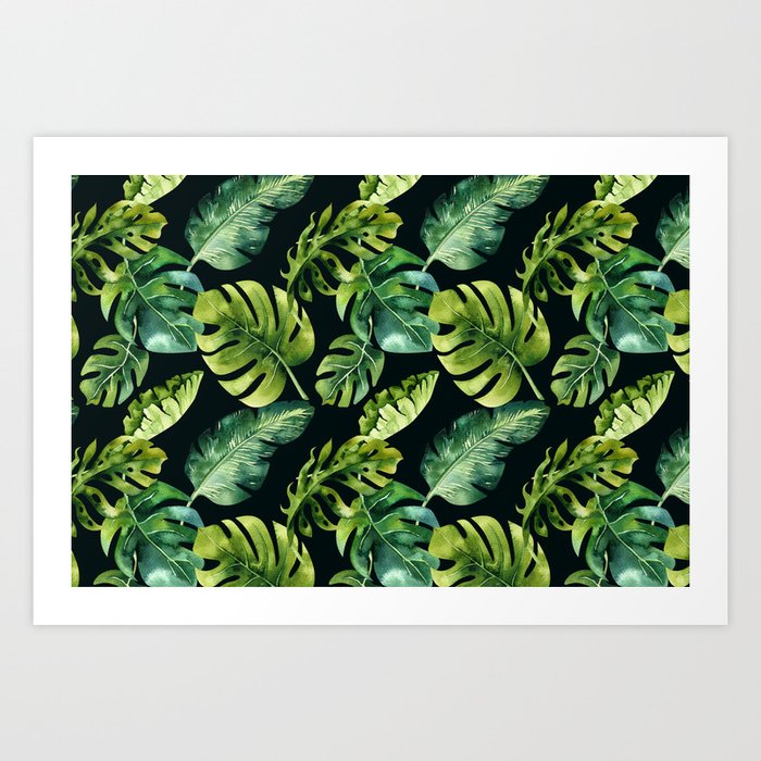 Watercolor Botanical Green Monstera Lush Tropical Palm Leaves Pattern on Solid Black Art Print