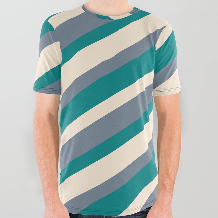 Beige, Slate Gray, and Teal Colored Lined/Striped Pattern All Over Graphic Tee