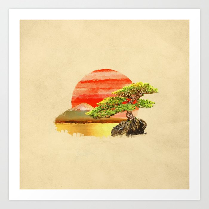 Bonsai Pine Tree - Fuji Sunset in color Art Print