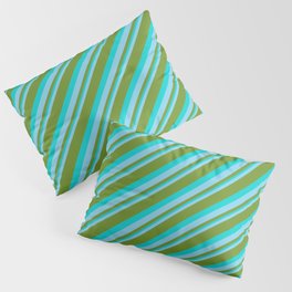 [ Thumbnail: Sky Blue, Green & Dark Turquoise Colored Striped Pattern Pillow Sham ]