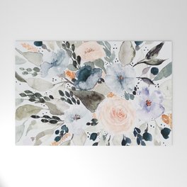 Loose Blue and Peach Floral Watercolor Bouquet  Welcome Mat