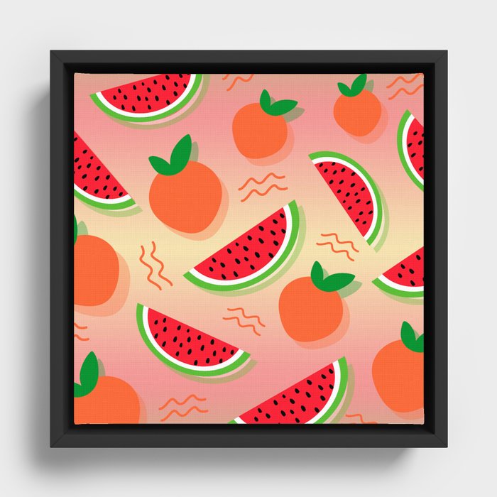 Tropical exotic watermelon slices and sweet ripe orange peaches summer fruity colorful bright sunny  Framed Canvas