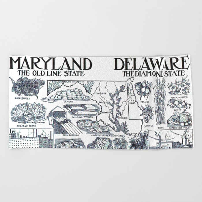 Vintage Maryland and Delaware Illustrative Map (1912) Beach Towel