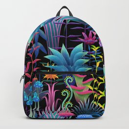 Perelin, the bioluminescent jungle Backpack | Night, Bioluminescent, Fern, Black, Glowing, Jungle, Floral, Fungi, Mushroom, Rainbow 