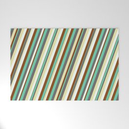 [ Thumbnail: Vibrant Aquamarine, Dim Grey, Pale Goldenrod, Mint Cream, and Brown Colored Lined Pattern Welcome Mat ]