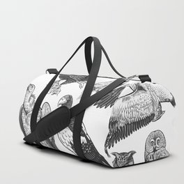 Birds of wildlife set. Eagles, owls, parrots, pelican, penguins, ibis, puffin isolated on white background. Tropical, exotic, water birds. Black white illustration. Vintage. Vintage. Realistic graphics Duffle Bag