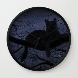 Starry Night Watcher Wall Clock | Shadows, Blackcat, Cat, Night, Acrylic, Stars, Dark, Animal, Trees, Purple 