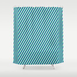 [ Thumbnail: Tan, Turquoise, Green, and Blue Colored Lined Pattern Shower Curtain ]