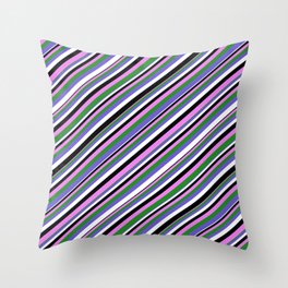 [ Thumbnail: Violet, Forest Green, Slate Blue, White & Black Colored Pattern of Stripes Throw Pillow ]