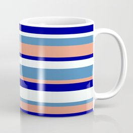 [ Thumbnail: Blue, Dark Salmon, Dark Blue & Mint Cream Colored Stripes Pattern Coffee Mug ]