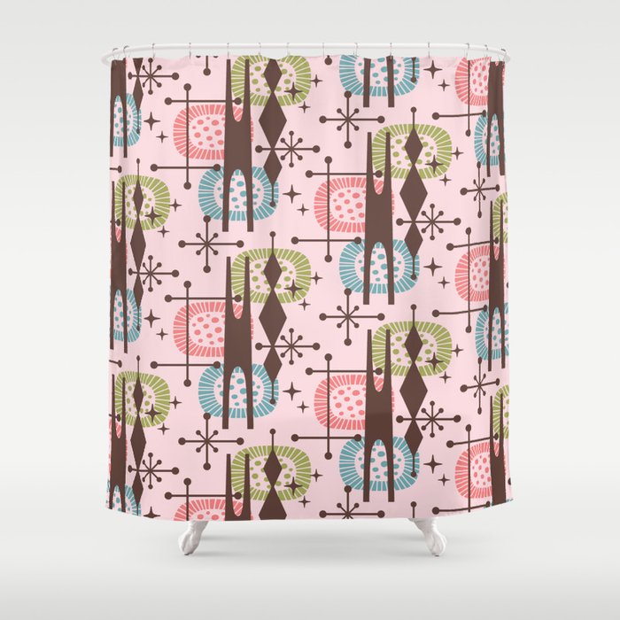 Retro Atomic Mid Century Pattern Pink Green Blue And Brown Shower Curtain By Tonymagner Society6