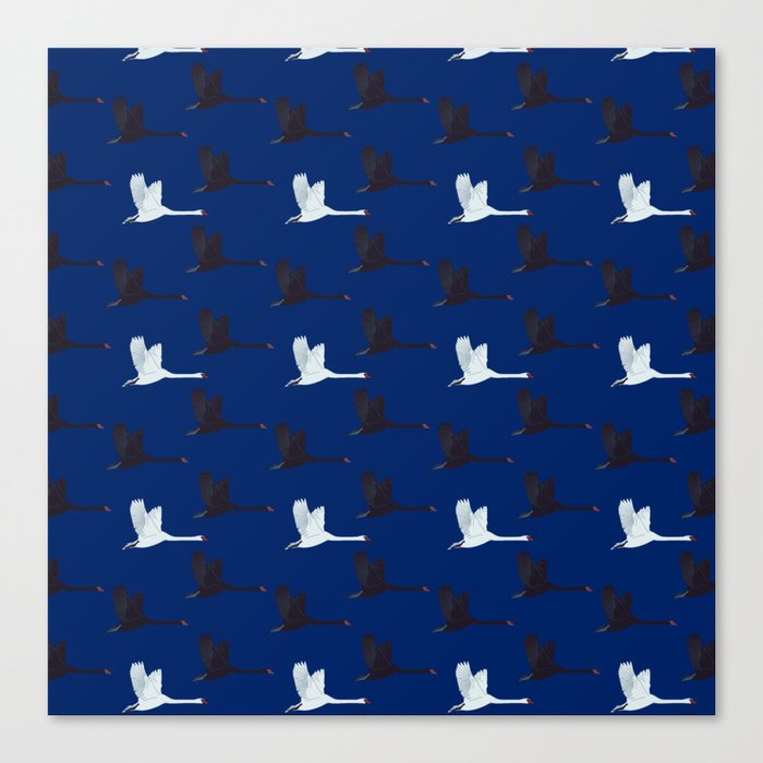 Flying Elegant Swan Pattern on Blue Background Canvas Print
