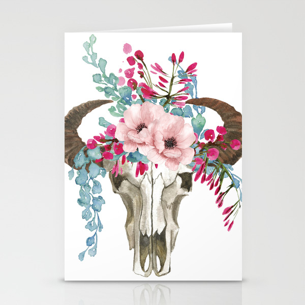 Bohemian Bull Skull With Flowers Stationery Cards By Yakawonis
