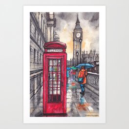 Rainy day in London ink & watercolor illustration Art Print