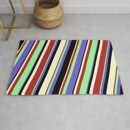 [ Thumbnail: Green, Slate Blue, Black, Light Yellow, and Red Colored Stripes Pattern Rug ]