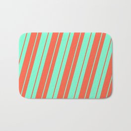 [ Thumbnail: Aquamarine and Red Colored Lined Pattern Bath Mat ]