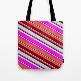 [ Thumbnail: Maroon, Powder Blue, Fuchsia, and Chocolate Colored Pattern of Stripes Tote Bag ]