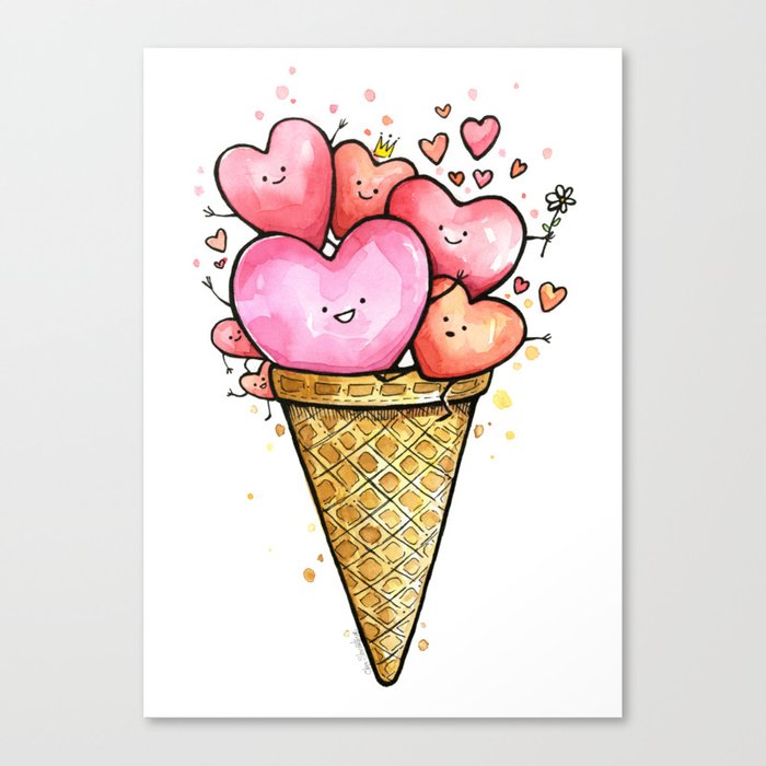 Ice Cream Cone Hearts - Pink Canvas Print
