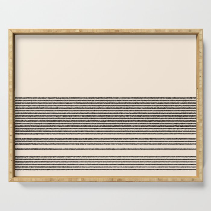 Organic Stripes - Minimalist Textured Line Pattern in Black and Almond Cream Serving Tray