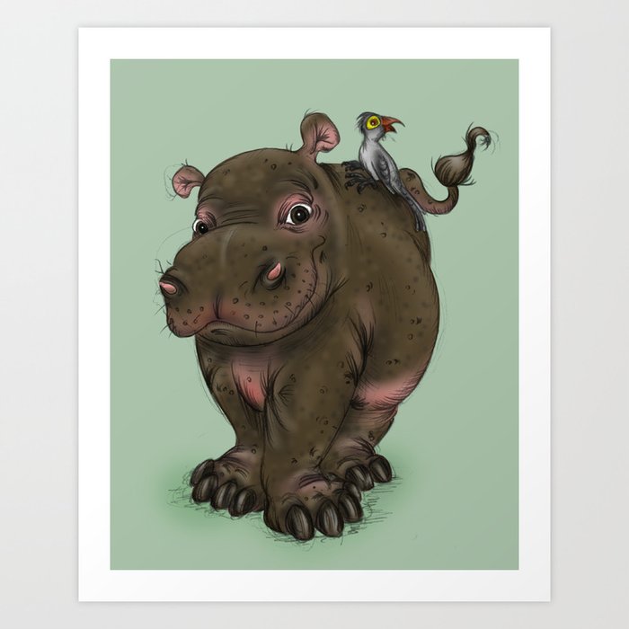 Hippo and Bird Friend Art Print