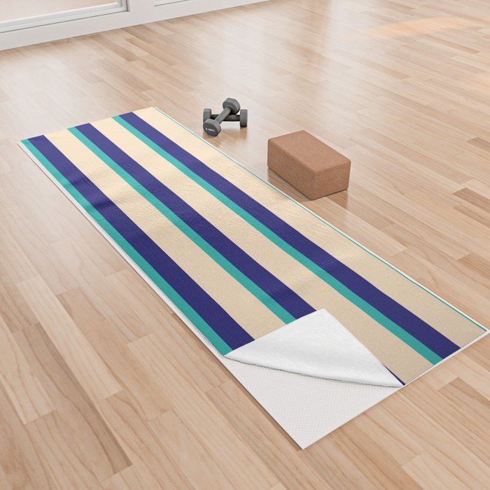 Light Sea Green, Bisque, and Midnight Blue Colored Striped Pattern Yoga Towel