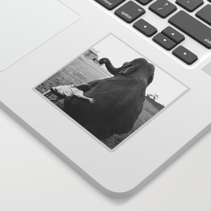 Odd Best Friends, Sweet Little Girl hugging elephant black and white photograph Sticker