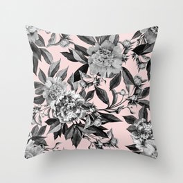 Floral pink - black & white Throw Pillow