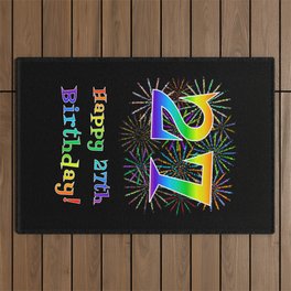 [ Thumbnail: 27th Birthday - Fun Rainbow Spectrum Gradient Pattern Text, Bursting Fireworks Inspired Background Outdoor Rug ]