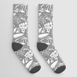 Grey and White Surfing Summer Beach Objects Seamless Pattern Socks