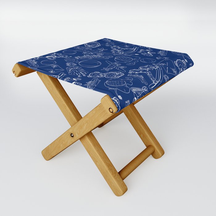 Blue and White Toys Outline Pattern Folding Stool