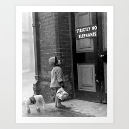 'Strictly No Elephants' vintage humorous child verses the world black and white photograph / black and white photography Art Print