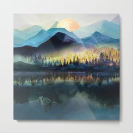 Mountain Lake Under Sunrise Metal Print | Painting, Lake, Wildernes, Art, Watercolor, Pine, Morning, Forest, Sunrise, Curated 