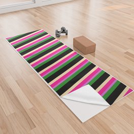 [ Thumbnail: Vibrant Deep Pink, Beige, Black, Forest Green, and Orchid Colored Lines Pattern Yoga Towel ]