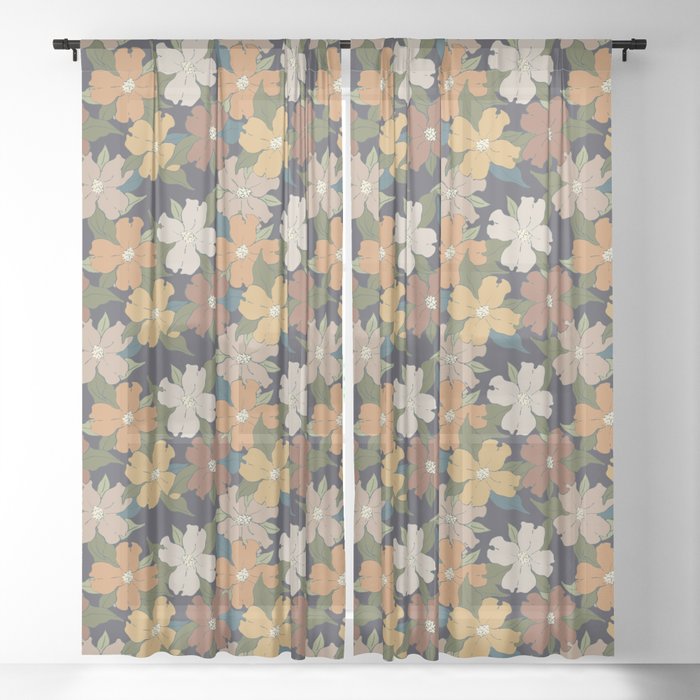 autumn green navy blue golden harvest florals dogwood symbolize rebirth and hope Sheer Curtain