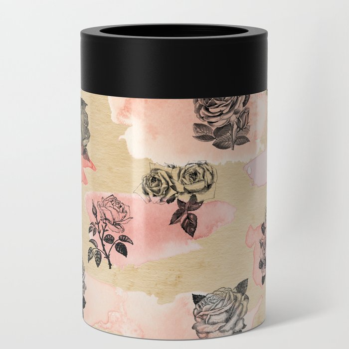 Watercolor Vintage Roses Pattern Can Cooler