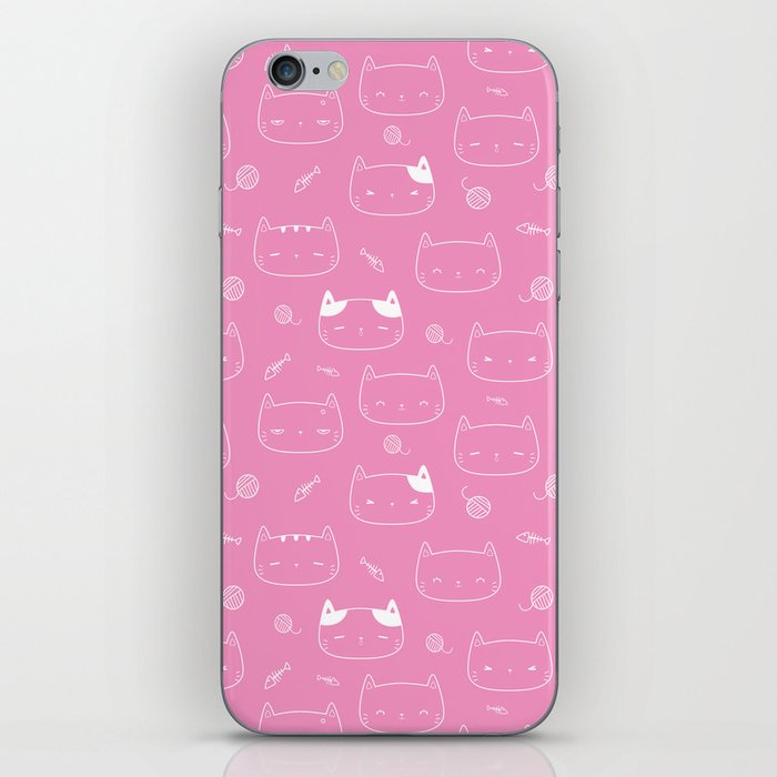 Pink and White Doodle Kitten Faces Pattern iPhone Skin
