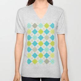 Retro 1980s Argyle Geometric Pattern in Modern Bright Colors Blue Green and Gray Unisex V-Neck