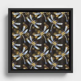 Steampunk Seamless with Mechanical Dragonflies Framed Canvas