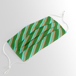 [ Thumbnail: Turquoise, Chocolate & Dark Green Colored Stripes Pattern Face Mask ]