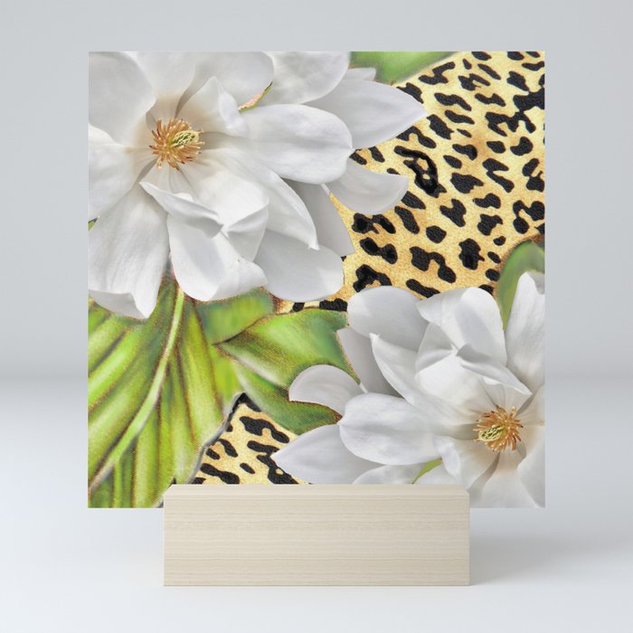 Magnolias on a Leopard Skin Pattern Mini Art Print