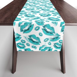 Two Kisses Collided Turquoise Lips Pattern On White Background Table Runner