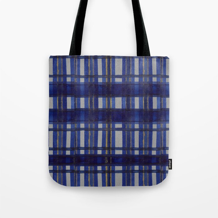 Gray, Gold and Navy Blue Plaid, Summer Stargazing Collection Tote Bag