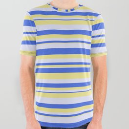 [ Thumbnail: Tan, Lavender & Royal Blue Colored Striped/Lined Pattern All Over Graphic Tee ]