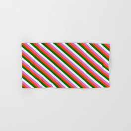[ Thumbnail: Red, Dark Green, Mint Cream, and Orchid Colored Striped Pattern Hand & Bath Towel ]