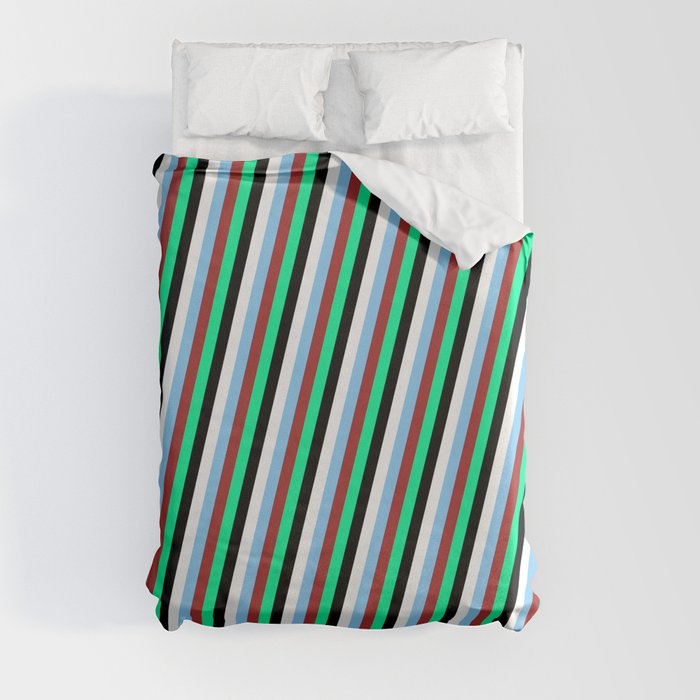 Colorful Light Sky Blue, Brown, Green, Black & White Colored Striped Pattern Duvet Cover