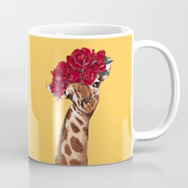 Giraffe with Rose Flower Crown in Yellow Mug