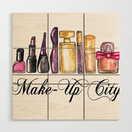 Beauty Products Watercolor Paint, Make Up City Wood Wall Art
