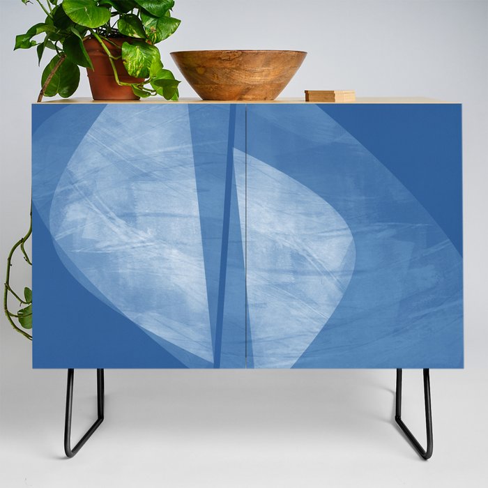 Mid Century Modern Blue and White Geometric Square Format Abstract Credenza