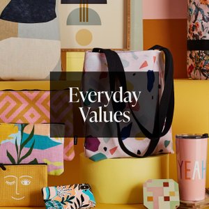 The text Everyday Values over an image of tote bags, pouches, and mugs.